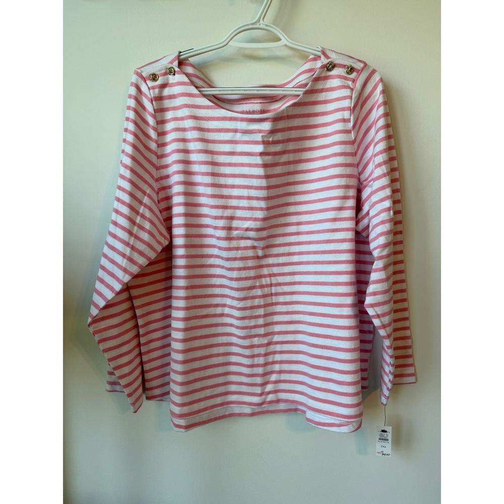 Talbots Authentic Pink White Striped Button Shoulder Top 100% Cotton 2XP NWT